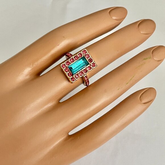 Rose Gold Crystal Cocktail Ring Pink Aqua Blue Princess Cut Size 6 Plated - Picture 3 of 14